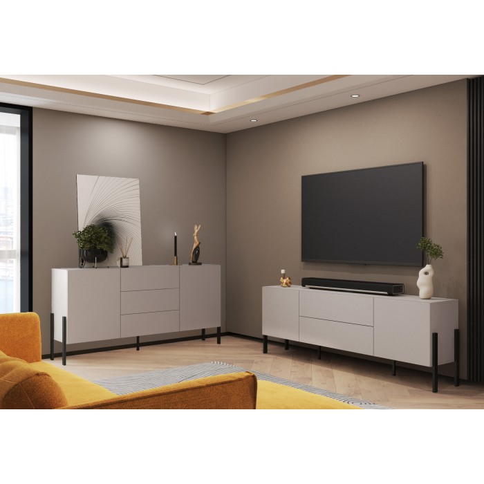 Pack salon SALMA – buffet 2 portes & 3 tiroirs et meuble TV 2 portes & 2 tiroirs beige & noir mat