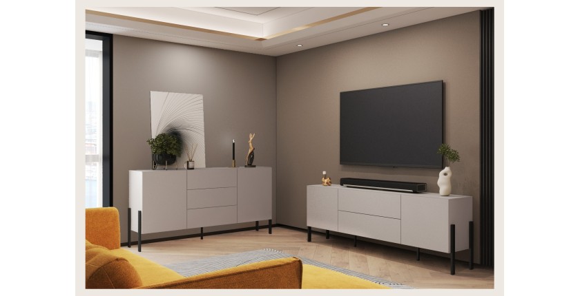 Pack salon SALMA – buffet 2 portes & 3 tiroirs et meuble TV 2 portes & 2 tiroirs beige & noir mat