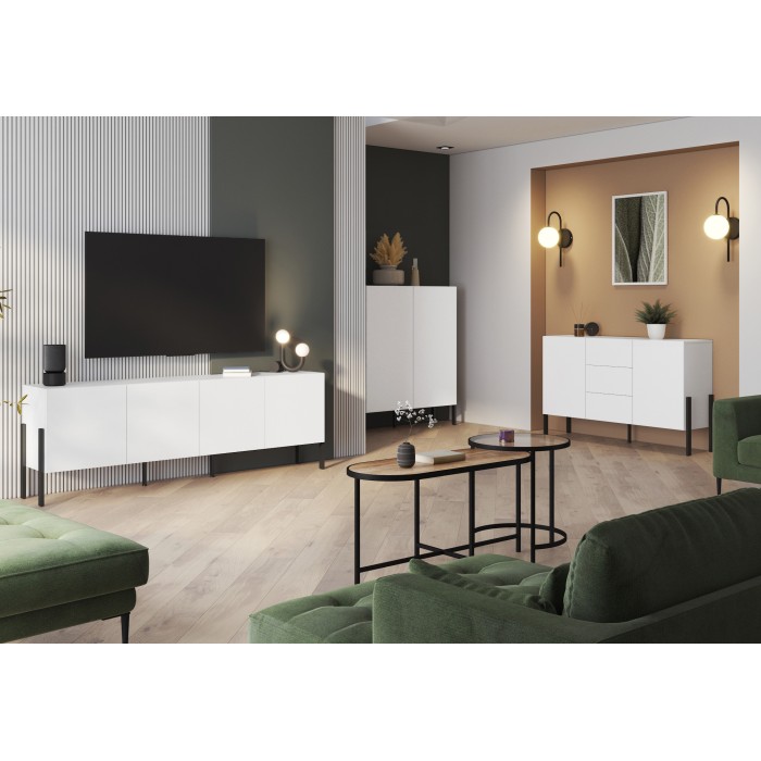 Pack salon SALMA – Buffet 4 portes, armoire 2 portes & buffet haut blanc super mat & noir mat