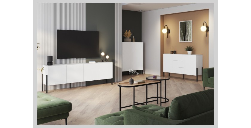 Pack salon SALMA – Buffet 4 portes, armoire 2 portes & buffet haut blanc super mat & noir mat