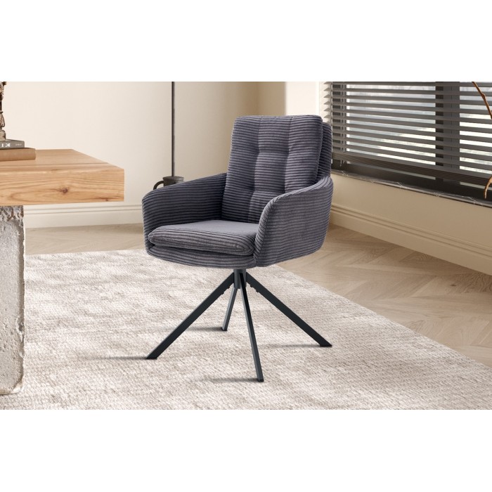 Lot de 2 fauteuils KAVIRA – Velours côtelé gris – Pieds métal – Avec accoudoirs – Design cocooning et élégant 