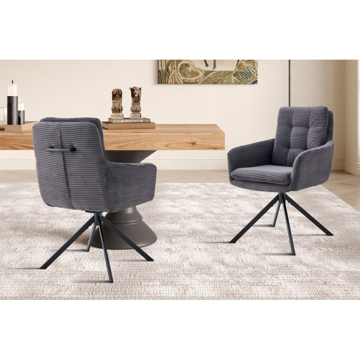 Lot de 2 fauteuils KAVIRA – Velours côtelé gris – Pieds métal – Avec accoudoirs – Design cocooning et élégant 