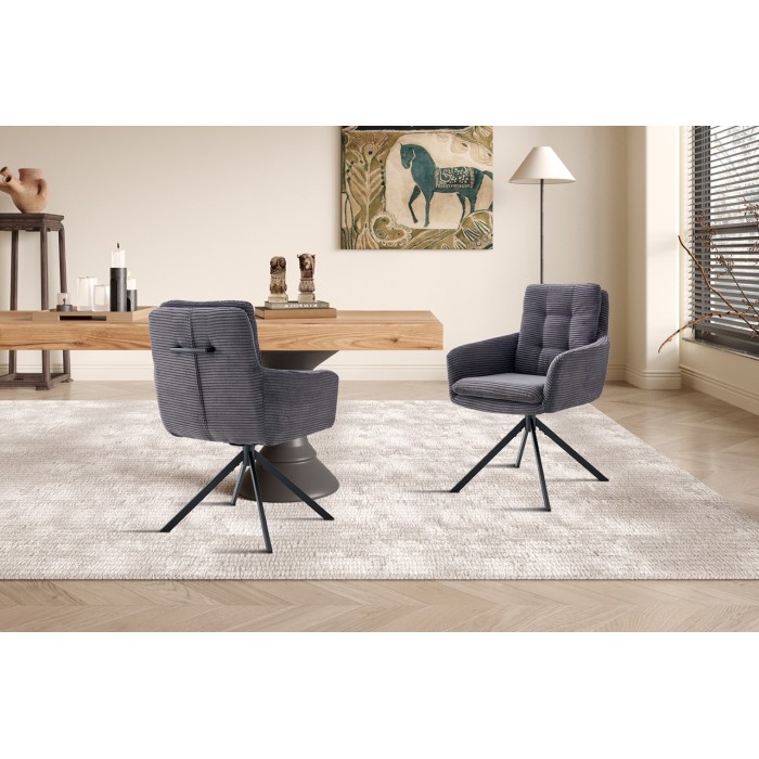 Lot de 2 fauteuils KAVIRA – Velours côtelé gris – Pieds métal – Avec accoudoirs – Design cocooning et élégant 