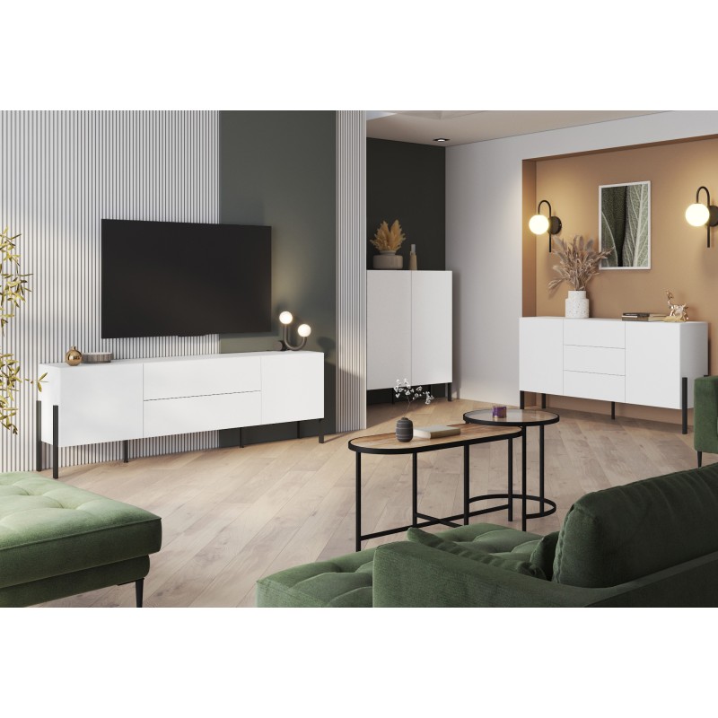 Pack salon SALMA – Meuble TV, buffet 2 portes & 3 tiroirs et armoire blanc super mat & noir mat