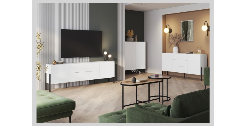 Pack salon SALMA – Meuble TV, buffet 2 portes & 3 tiroirs et armoire blanc super mat & noir mat
