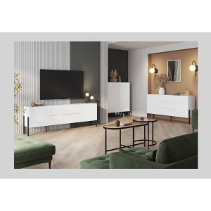 Pack salon SALMA – Meuble TV, buffet 2 portes & 3 tiroirs et armoire blanc super mat & noir mat