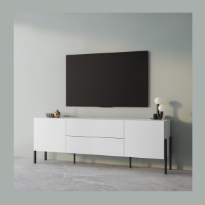 Pack salon SALMA – Meuble TV, buffet 2 portes & 3 tiroirs et armoire blanc super mat & noir mat