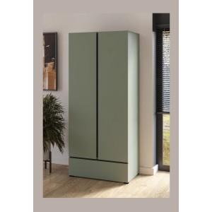 Armoire HAVANA 90 cm – 2 portes + 1 tiroir – Coloris vert sauge et noir – Design moderne et compact