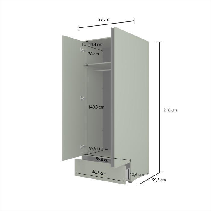 Armoire HAVANA 90 cm – 2 portes + 1 tiroir – Coloris vert sauge et noir – Design moderne et compact