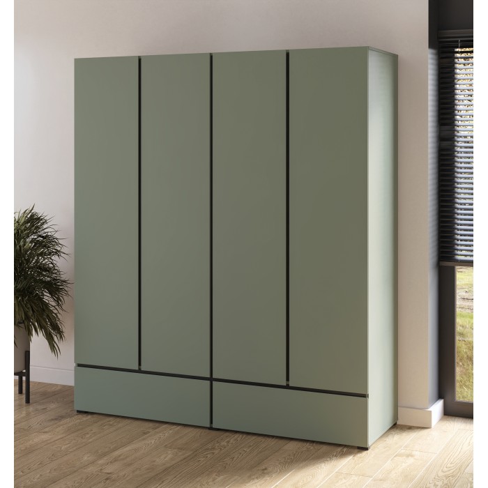 Armoire HAVANA 180 cm – 4 portes + 2 tiroirs – Coloris vert sauge et noir – Design moderne et grande capacité