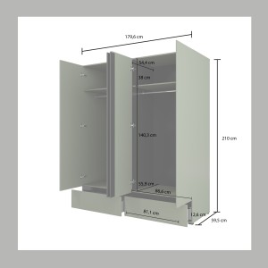 Armoire HAVANA 180 cm – 4 portes + 2 tiroirs – Coloris vert sauge et noir – Design moderne et grande capacité