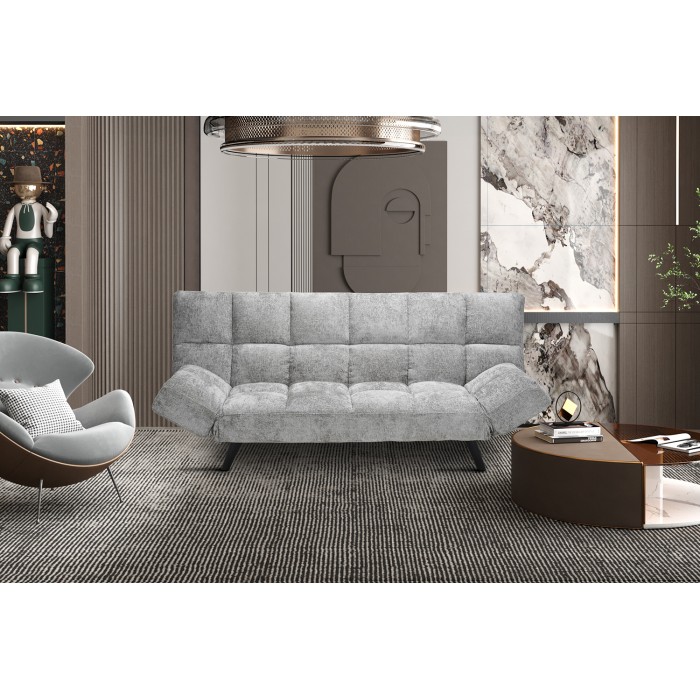 Canapé-lit SALVORA – Tissu gris – Matelas mousse intégré – Structure bois – Design compact et pratique