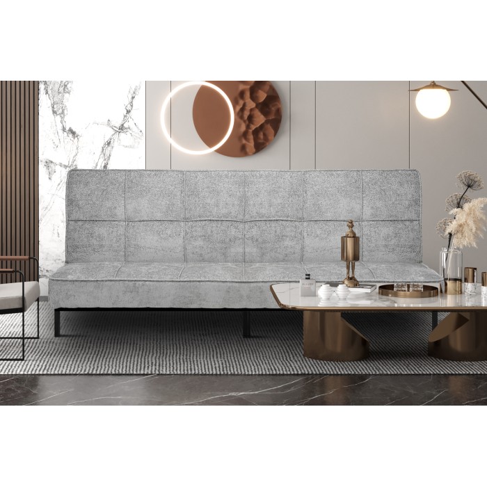 Canapé-lit CALMORA – Tissu gris – Matelas intégré – Structure bois – Design compact et élégant