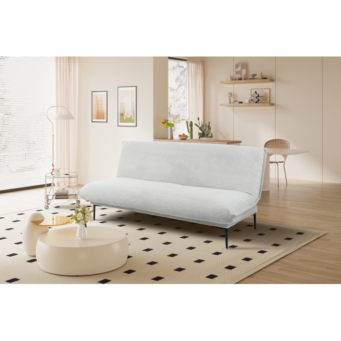 Canapé-lit VELARIS – Tissu velours gris clair – Structure bois – Matelas intégré – Design compact et élégant