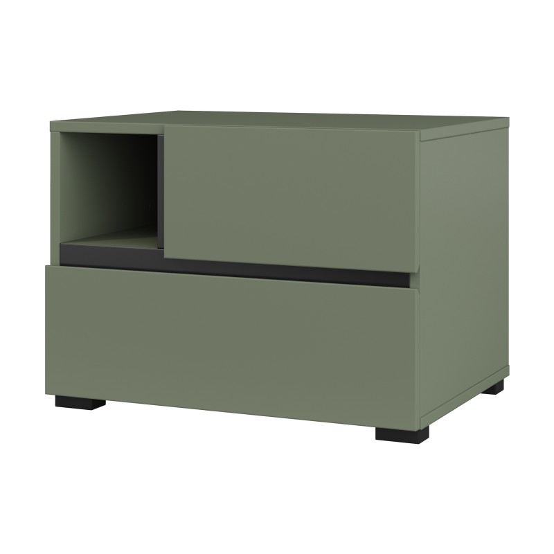 Table de chevet HAVANA – 2 tiroirs et 1 niche – Coloris vert sauge et noir – Design compact et élégant