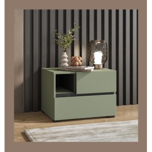 Table de chevet HAVANA – 2 tiroirs et 1 niche – Coloris vert sauge et noir – Design compact et élégant