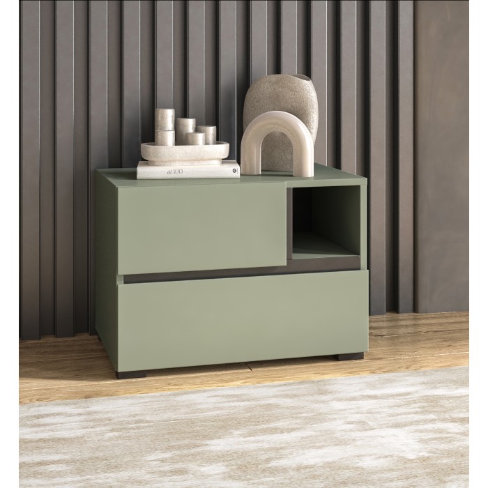 Table de chevet HAVANA – 2 tiroirs et 1 niche – Coloris vert sauge et noir – Design compact et élégant