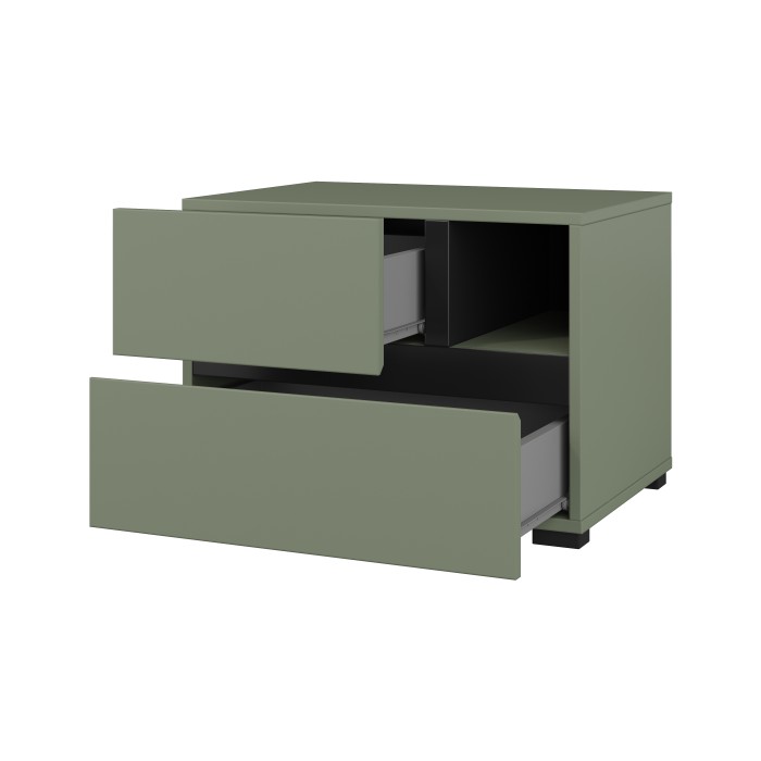 Table de chevet HAVANA – 2 tiroirs et 1 niche – Coloris vert sauge et noir – Design compact et élégant