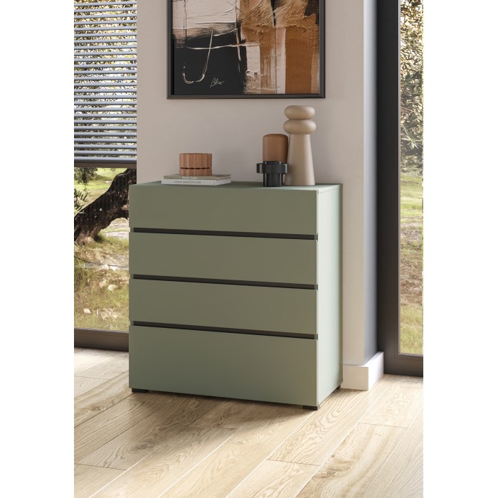 Commode HAVANA – 4 tiroirs – Coloris vert sauge et noir – Style moderne et rangement compact