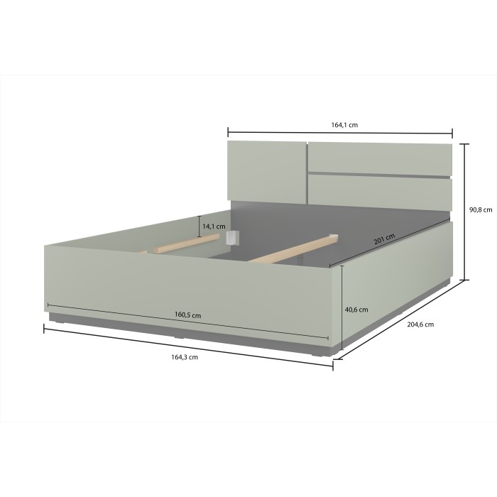Lit HAVANA 160x200 cm – Coloris vert sauge et noir – Avec coffre de rangement – Design pratique et moderne
