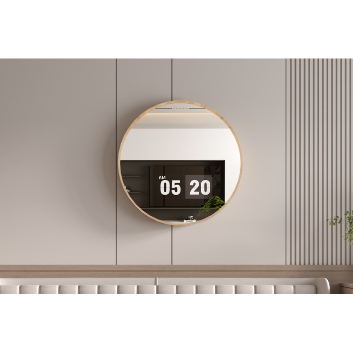 Miroir rond RIO avec bord – 80 cm – Finition chêne vieilli – Cadre épais – Design naturel et moderne