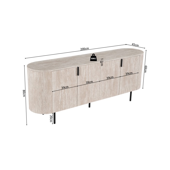 Buffet VAGOS – Coloris chêne clair – 4 portes – 200 cm – Grand bahut moderne – Rangement pratique