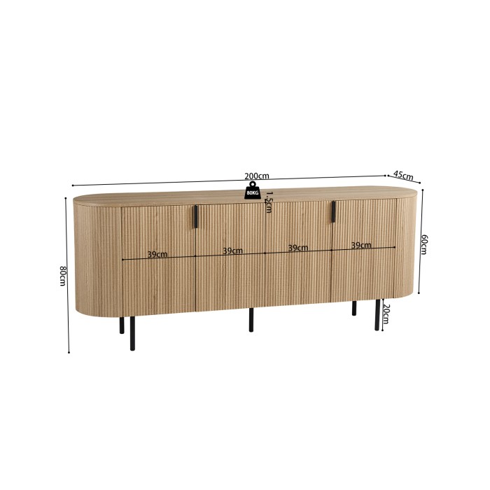 Buffet VAGOS – Coloris chêne naturel – 4 portes – 200 cm – Grand bahut moderne – Rangement spacieux