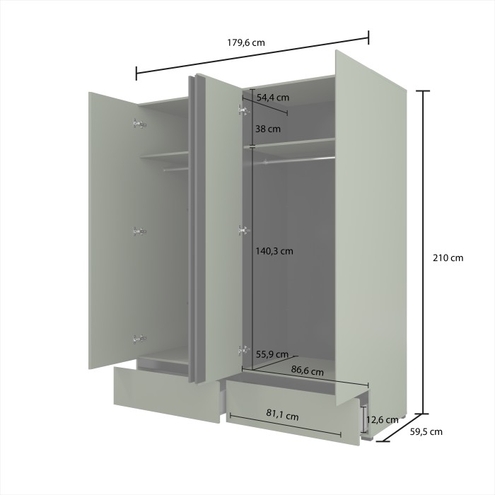 Chambre complète HAVANA – Coloris vert sauge et noir – Armoire, lit, commode et chevets – Design moderne