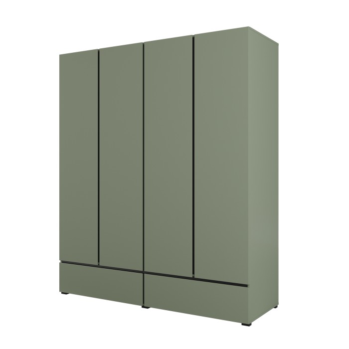 Chambre complète HAVANA – Coloris vert sauge et noir – Armoire, lit 180x200, commode et chevets – Ensemble design et fonctionnel