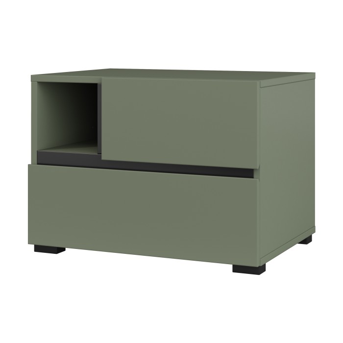 Chambre complète HAVANA – Coloris vert sauge et noir – Armoire, lit 180x200, commode et chevets – Ensemble design et fonctionnel