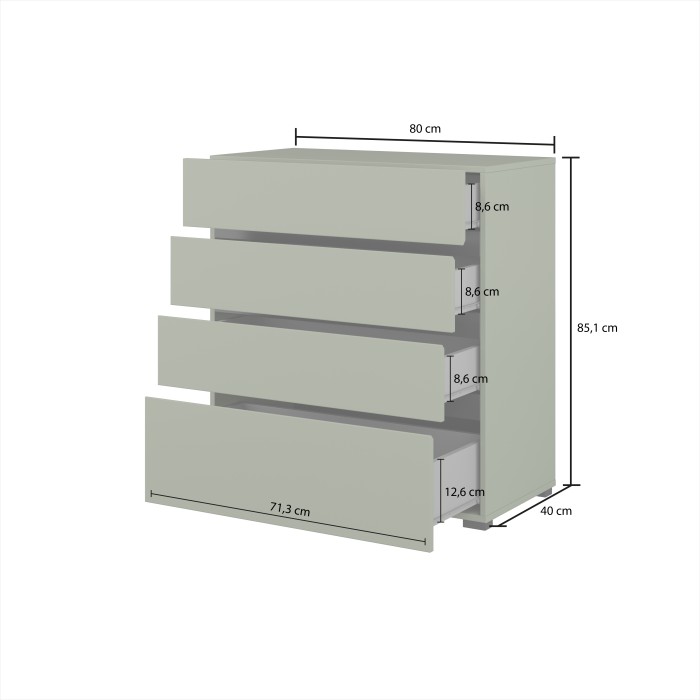 Chambre complète HAVANA – Coloris vert sauge et noir – Armoire, lit 180x200, commode et chevets – Ensemble design et fonctionnel