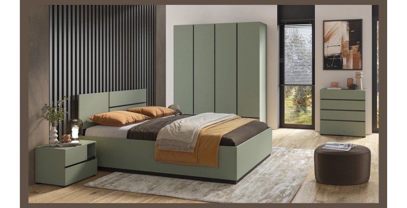 Chambre complète design collection HAVANA coloris vert sauge et noir – Lit coffre 160x200, armoire, commode et chevets.