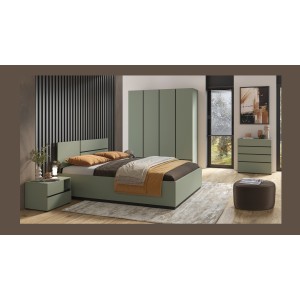 Chambre complète design collection HAVANA coloris vert sauge et noir – Lit coffre 160x200, armoire, commode et chevets.