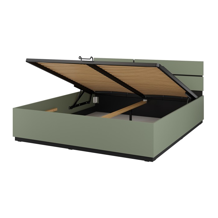 Chambre complète design collection HAVANA coloris vert sauge et noir – Lit coffre 180x200, armoire, commode et chevets.