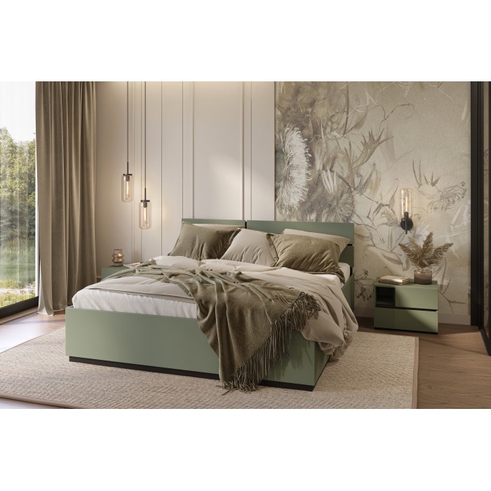 Lit HAVANA 160x200 avec sommier – Coloris vert sauge et noir – Design moderne et structure robuste