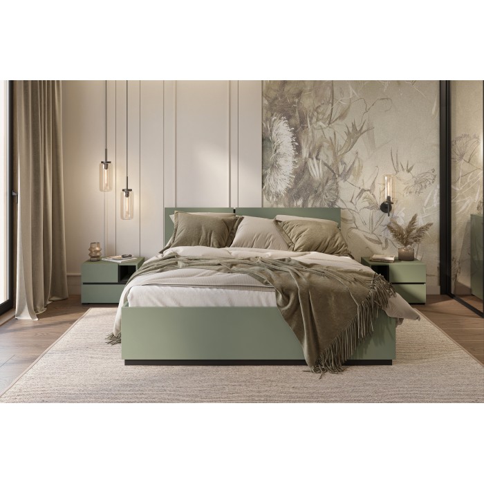 Lit HAVANA 160x200 avec sommier – Coloris vert sauge et noir – Design moderne et structure robuste