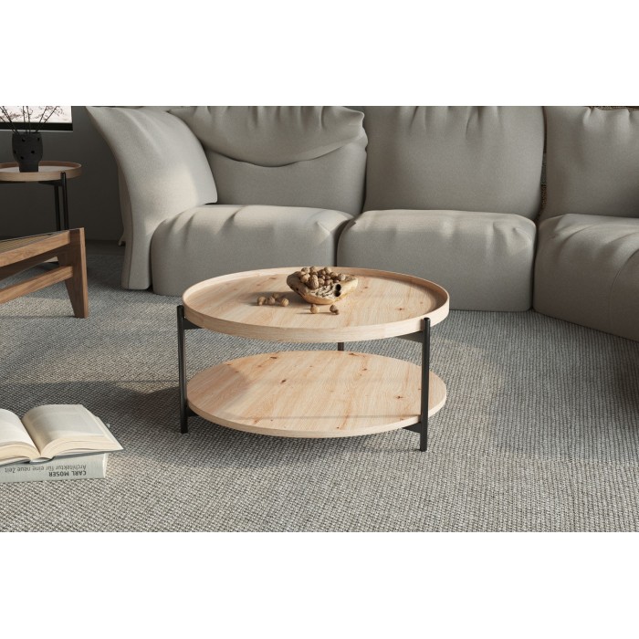 Table basse NORWYN – Coloris chêne vieilli – Table basse ronde Ø80 cm – MDF – Design original 