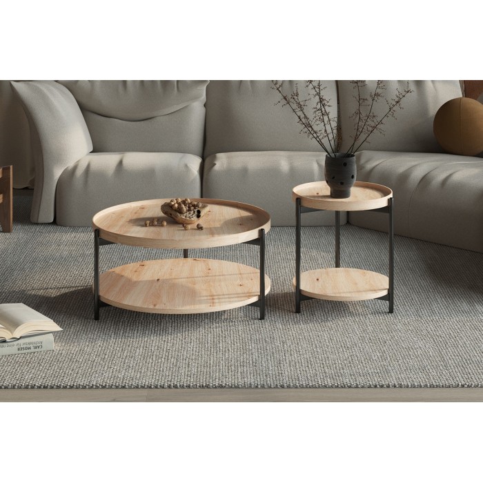 Table basse NORWYN – Coloris chêne vieilli – Table basse ronde Ø80 cm – MDF – Design original 