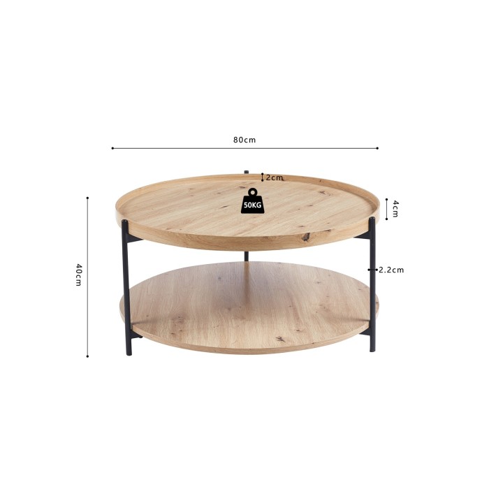 Table basse NORWYN – Coloris chêne vieilli – Table basse ronde Ø80 cm – MDF – Design original 