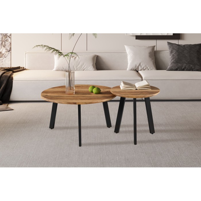 Set de 2 tables basses TUNIS – Coloris bois de manguier – MDF & métal – Style industriel et harmonieux 