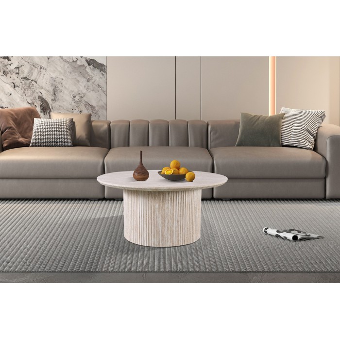 Table basse VAGOS – Coloris chêne clair – Table basse ronde Ø80 cm – MDF – Design naturel et moderne 