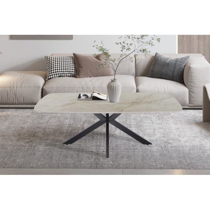 Table basse ARVENA – Table basse rectangulaire 130x70 cm – Marbre beige & métal – Design haut de gamme et raffiné 
