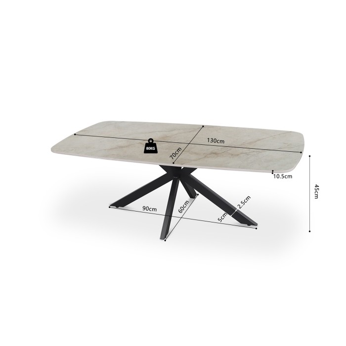 Table basse ARVENA – Table basse rectangulaire 130x70 cm – Marbre beige & métal – Design haut de gamme et raffiné 