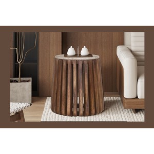 Table basse MAELORA – Table basse ronde Ø40 cm – Bois de manguier & travertin – Design naturel et compact 