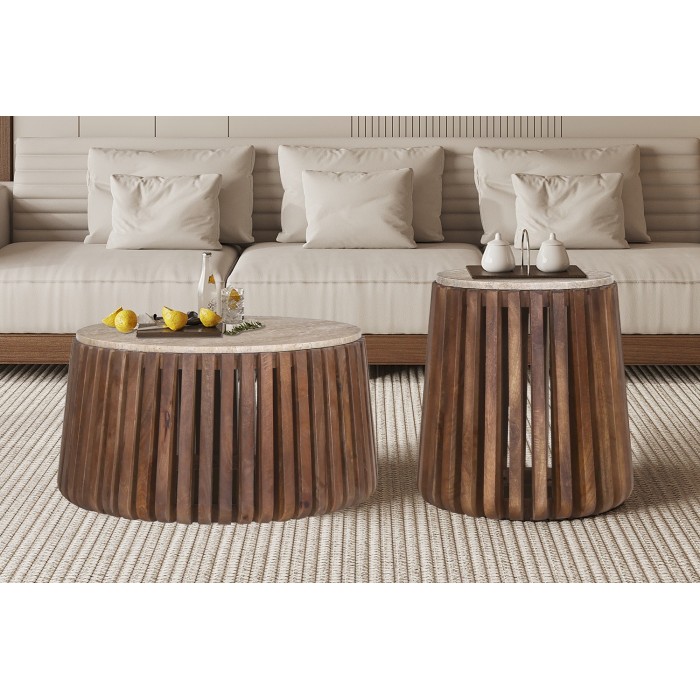 Table basse MAELORA – Table basse ronde Ø40 cm – Bois de manguier & travertin – Design naturel et compact 