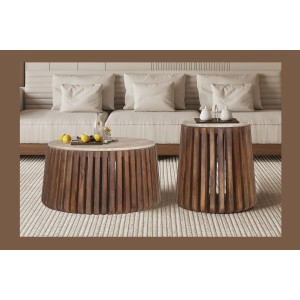 Table basse MAELORA – Table basse ronde Ø40 cm – Bois de manguier & travertin – Design naturel et compact 