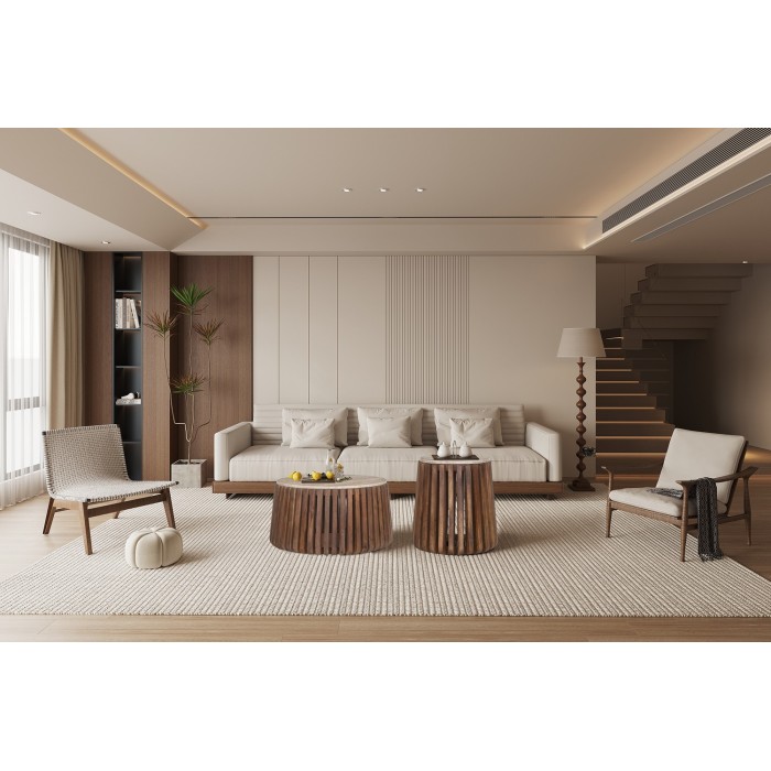 Table basse MAELORA – Table basse ronde Ø40 cm – Bois de manguier & travertin – Design naturel et compact 