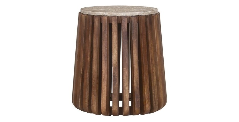 Table basse MAELORA – Table basse ronde Ø40 cm – Bois de manguier & travertin – Design naturel et compact