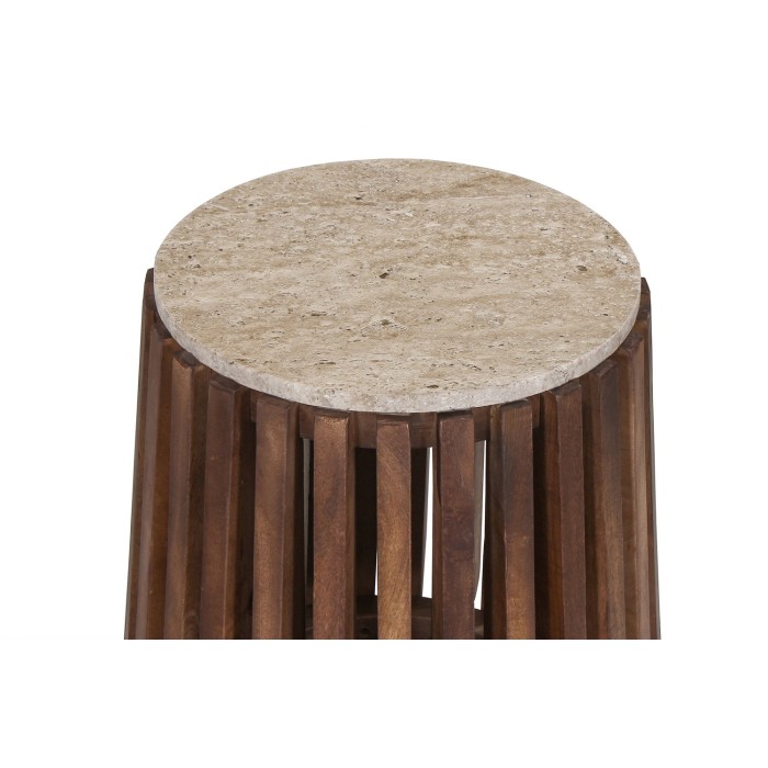 Table basse MAELORA – Table basse ronde Ø40 cm – Bois de manguier & travertin – Design naturel et compact 
