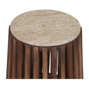 Table basse MAELORA – Table basse ronde Ø40 cm – Bois de manguier & travertin – Design naturel et compact 